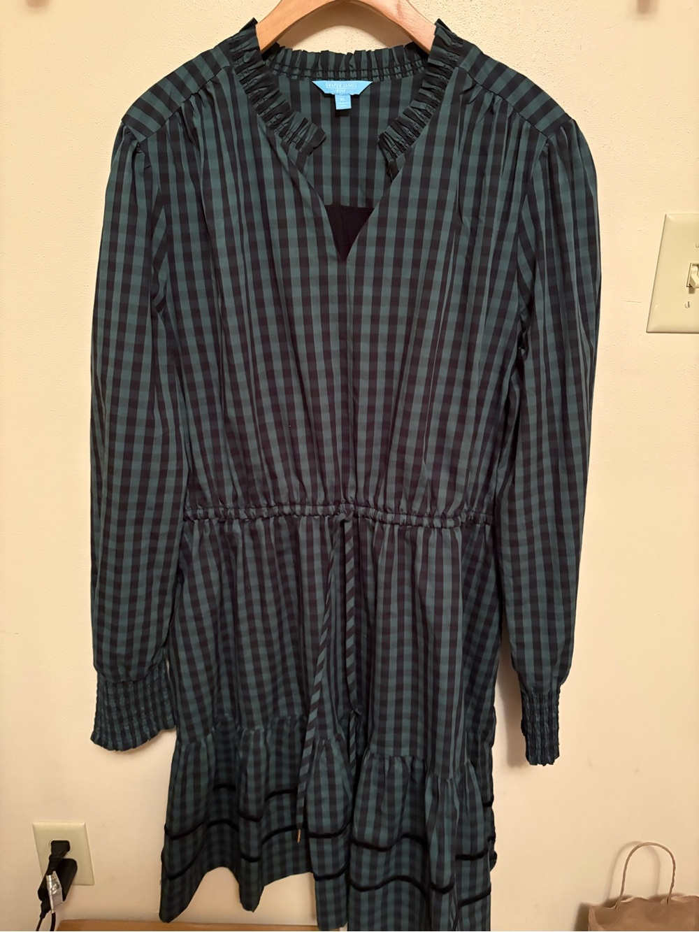 Draper James RSVP Checked Long Sleeve Dress with Ruffle Neck